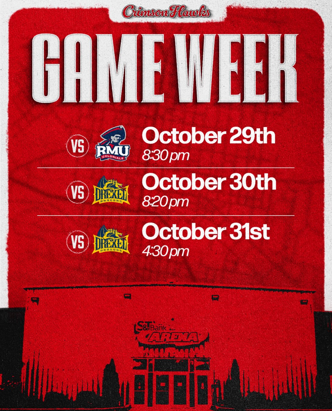 HOME SWEET HOME!

After a long stint of road trips, we’re back in The Bank! Come out for our TRIPLE THREAT WEEKEND, starting on Thursday with our first CHMA matchup against RMU!

#TalonsUp